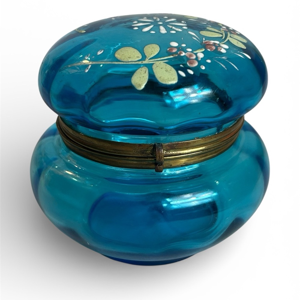 Victorian Moser Powder Jar Antique Painted Blue Glass Bohemian Brass Vanity Vtg
